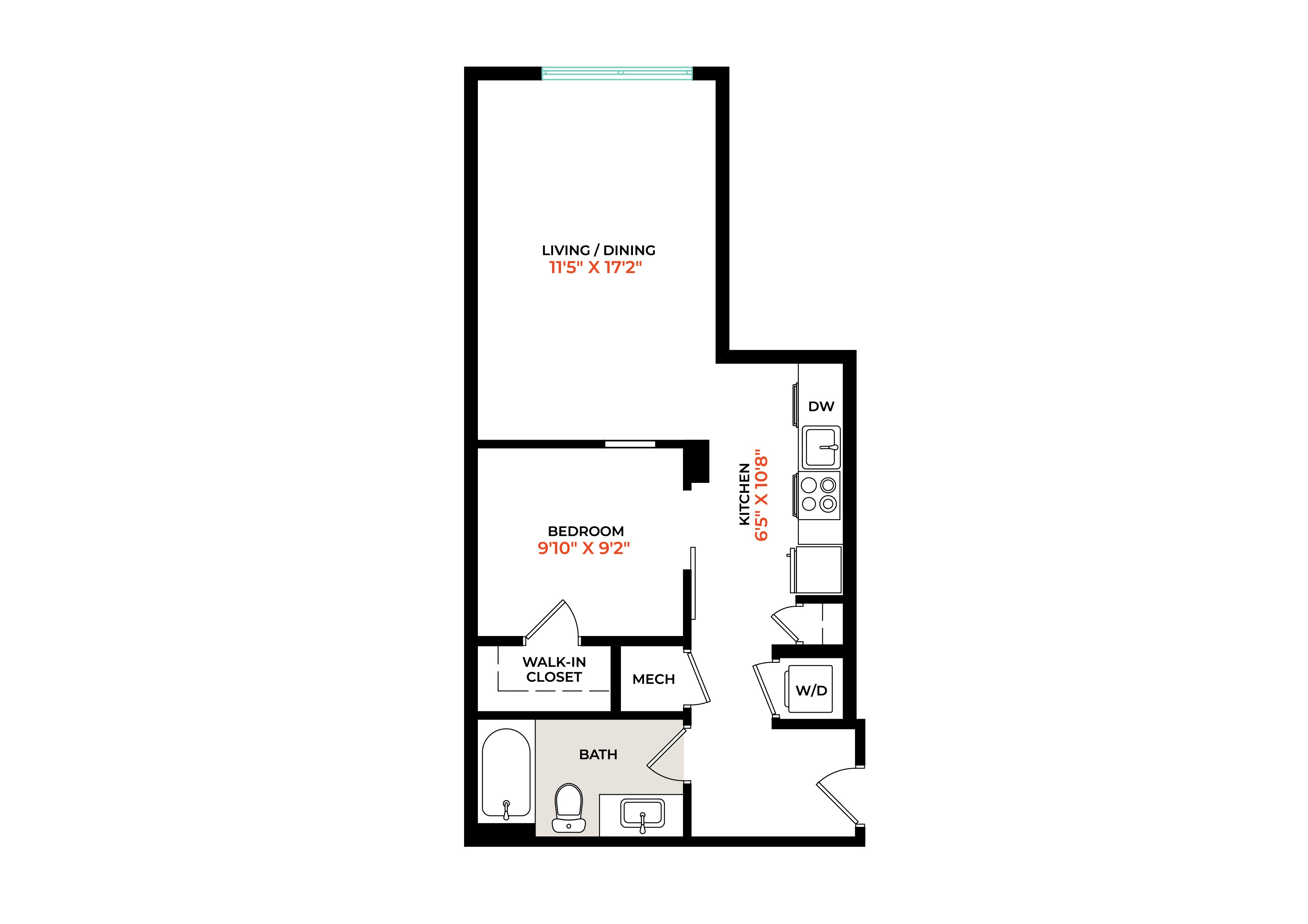 Floor plan for 1 bed, 1 bath, 565 sqft